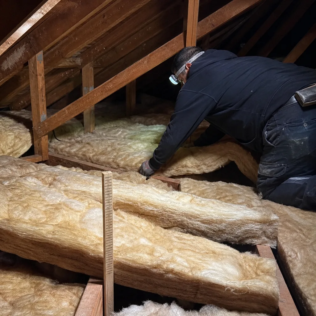 Professional contractor installing fiberglass batt insulation in an attic