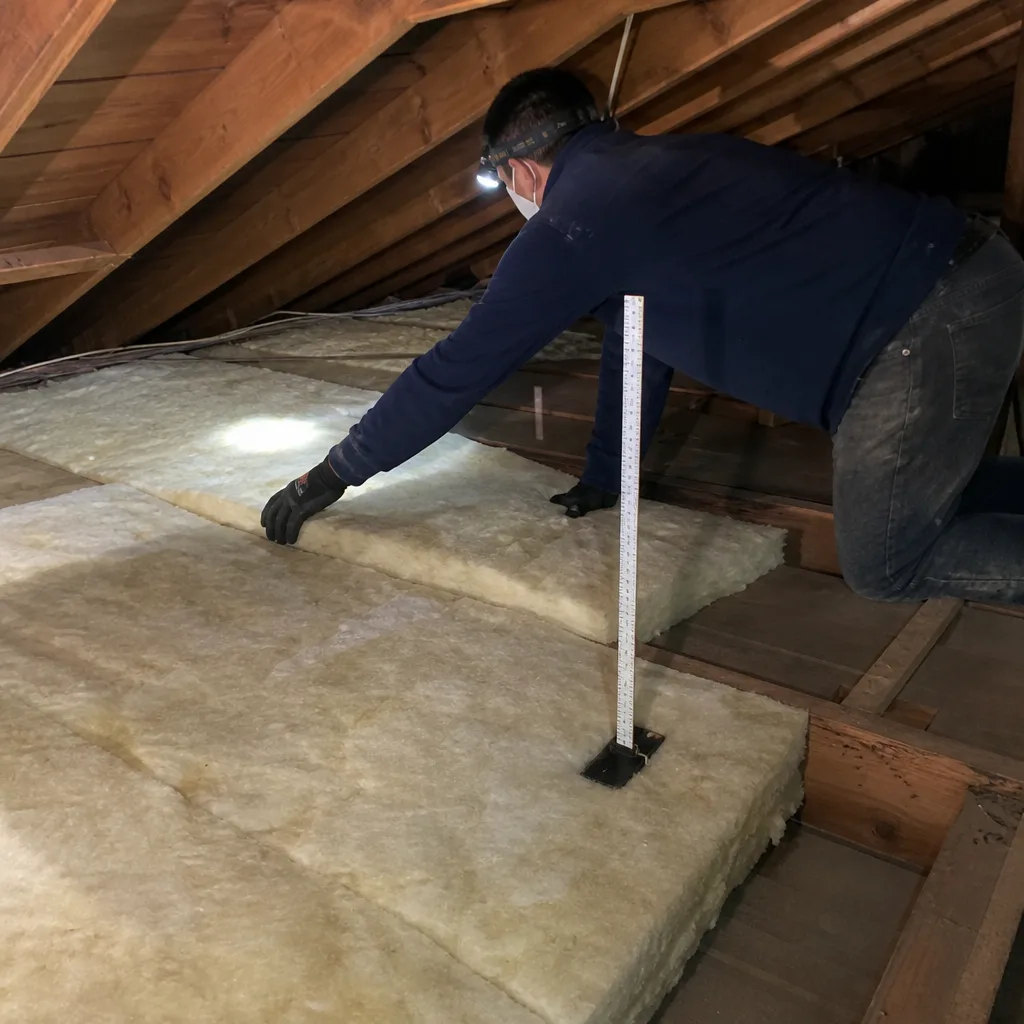 Professional technician installing fiberglass batt insulation in an attic space