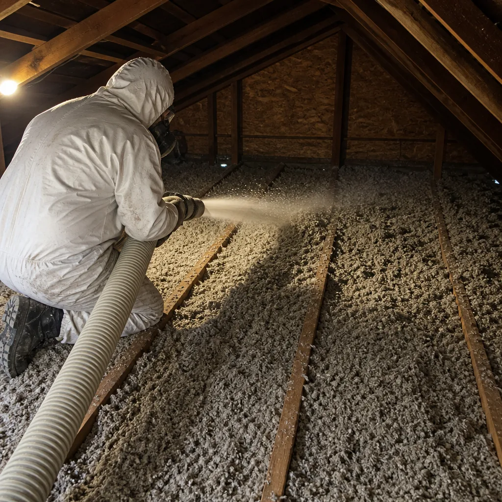 Professional contractor installing blown-in attic insulation for energy efficiency