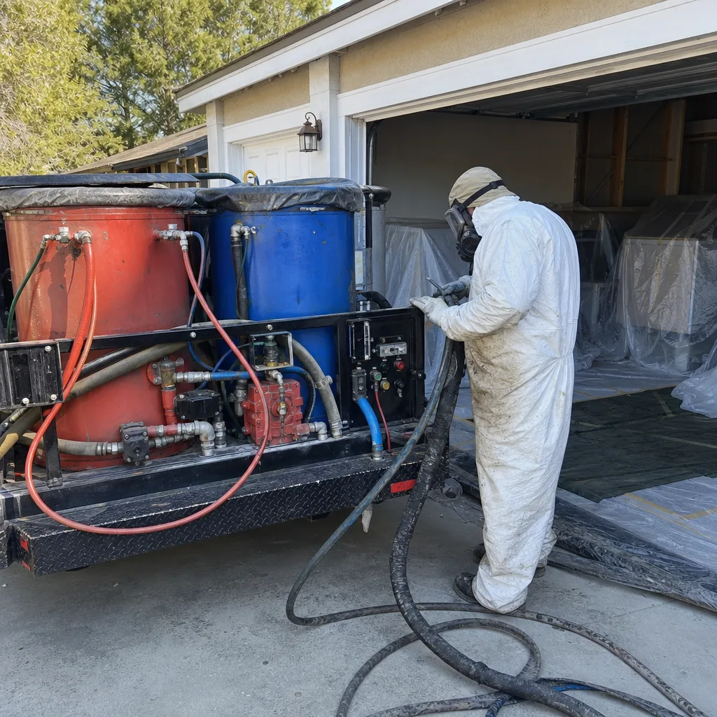 Technician in protective gear operating industrial spray foam insulation equipment